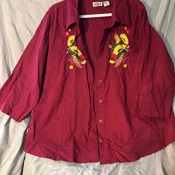 Colletions etc,Embroidered Burgundy Button-Up Shirt - Picture 1 of 8